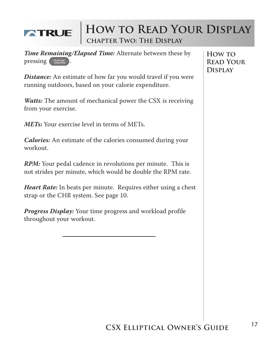 How to read your display | True Fitness CSX User Manual | Page 17 / 53