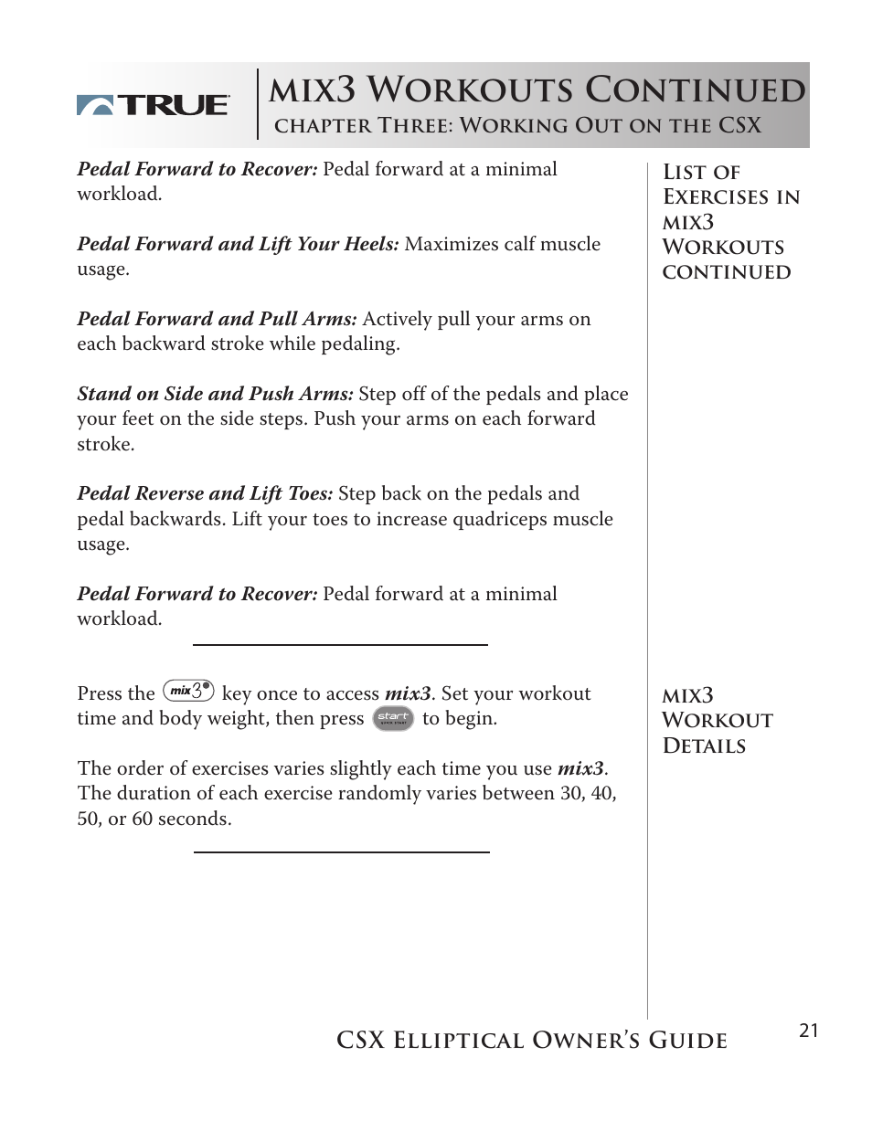 Mix3 workouts continued | True Fitness CSX User Manual | Page 21 / 53