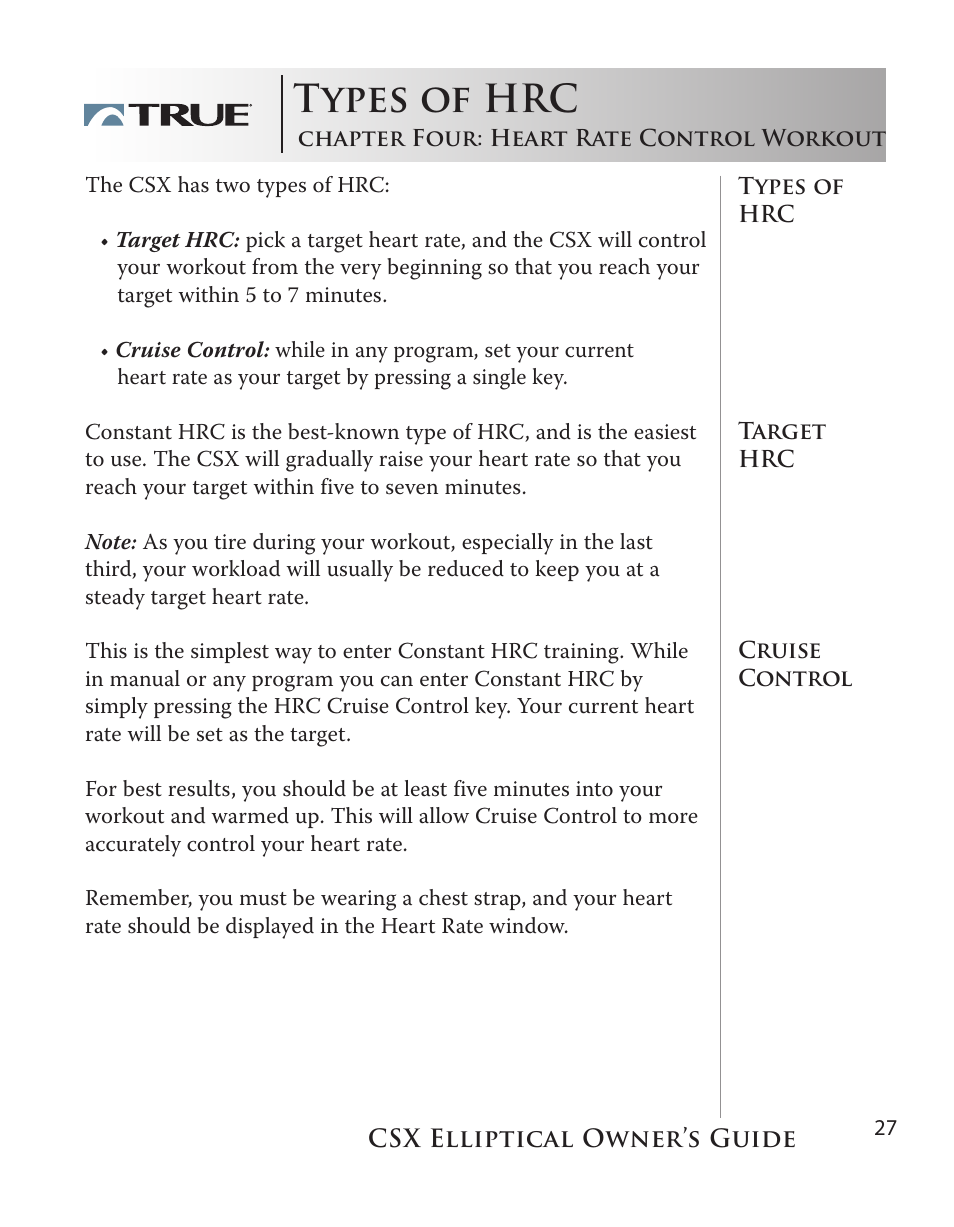 Types of hrc | True Fitness CSX User Manual | Page 27 / 53