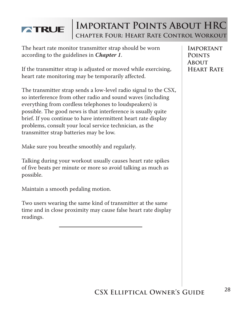 Important points about hrc | True Fitness CSX User Manual | Page 28 / 53