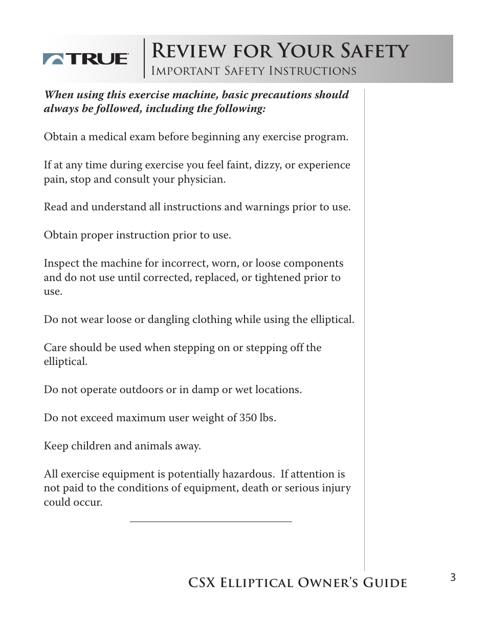 Review for your safety | True Fitness CSX User Manual | Page 3 / 53