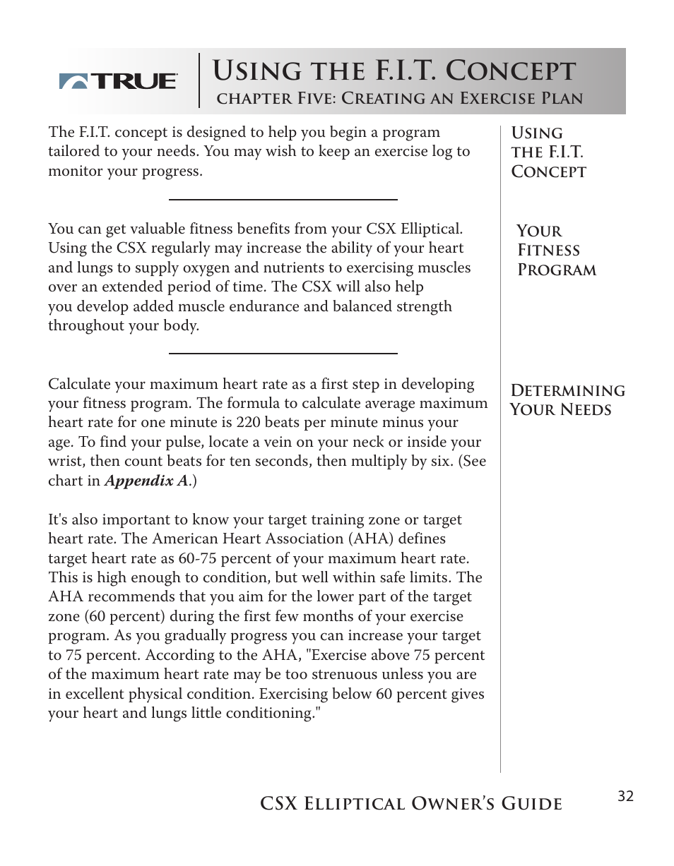 Using the f.i.t. concept | True Fitness CSX User Manual | Page 32 / 53