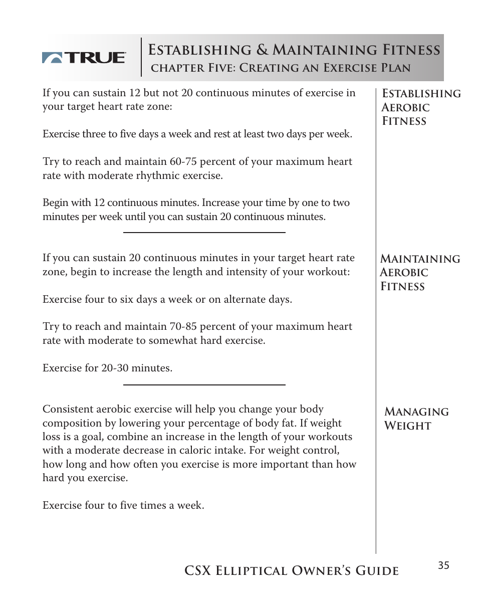 Establishing & maintaining fitness | True Fitness CSX User Manual | Page 35 / 53