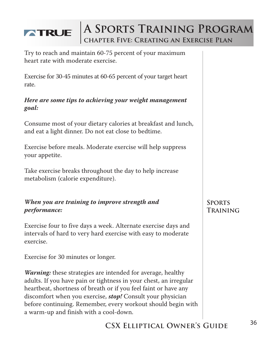 A sports training program | True Fitness CSX User Manual | Page 36 / 53