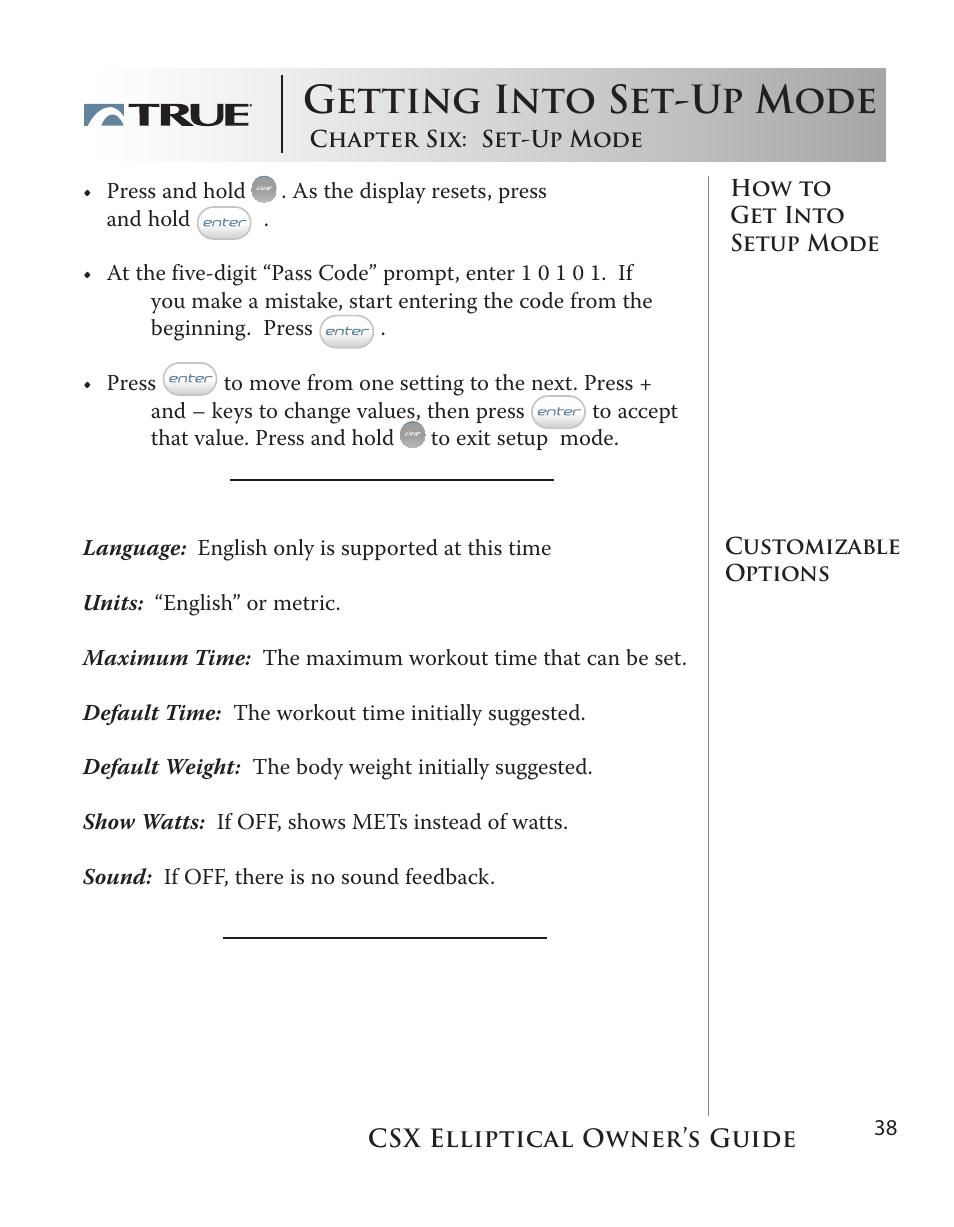 Getting into set-up mode | True Fitness CSX User Manual | Page 38 / 53