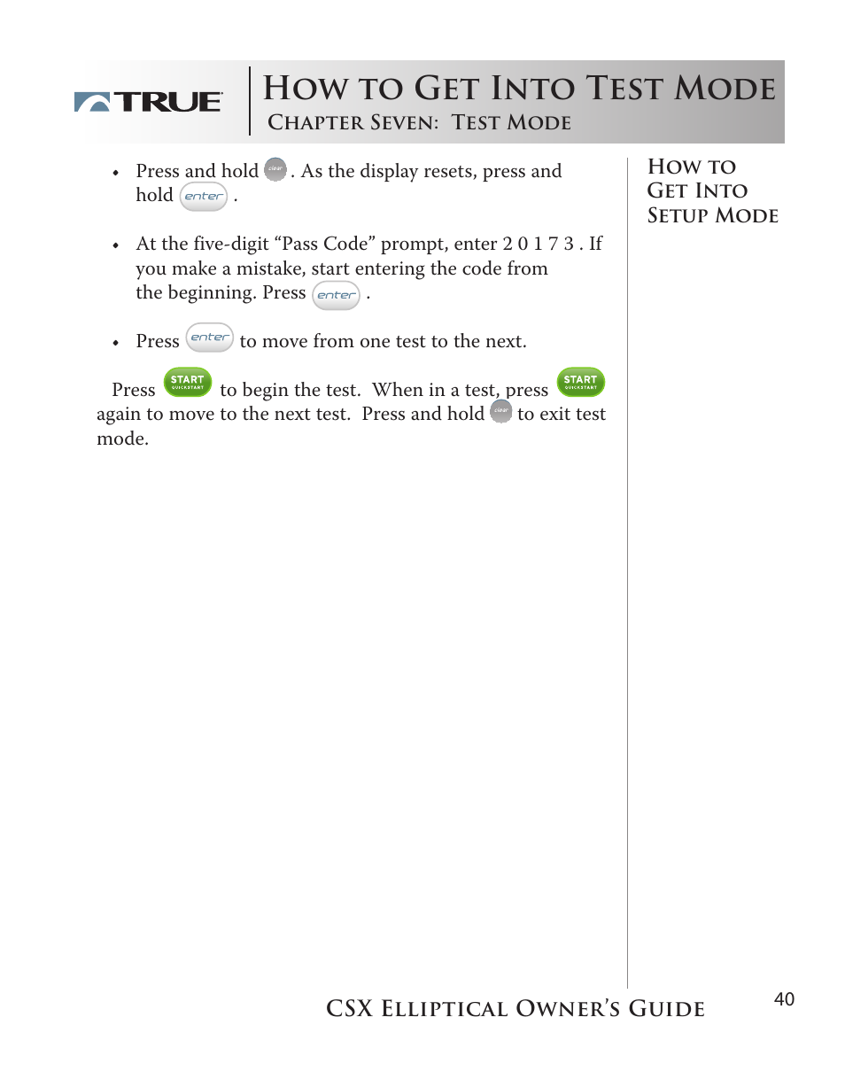 How to get into test mode | True Fitness CSX User Manual | Page 40 / 53