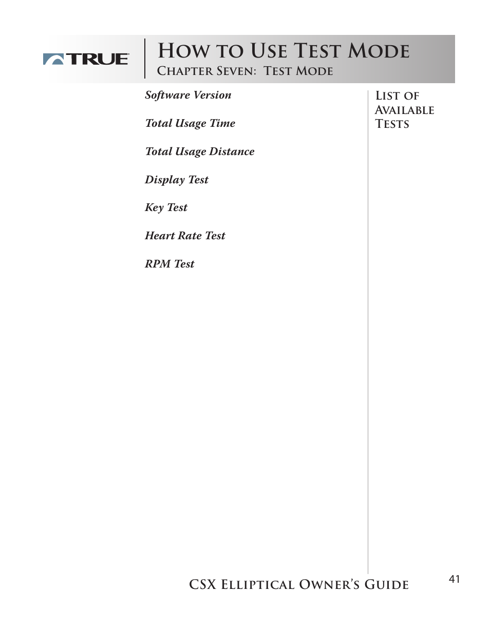How to use test mode | True Fitness CSX User Manual | Page 41 / 53