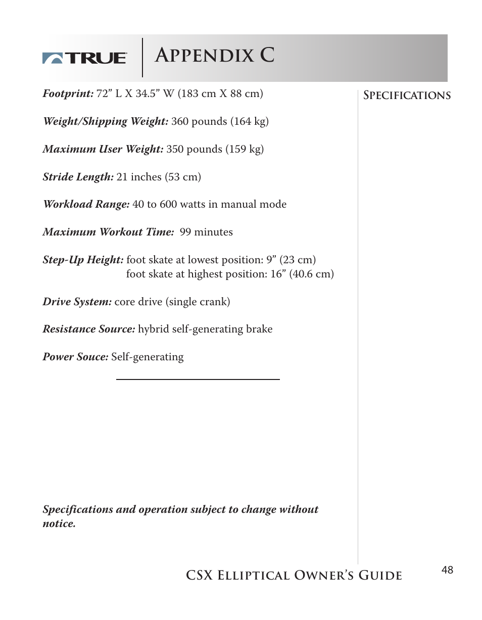 Appendix c | True Fitness CSX User Manual | Page 48 / 53