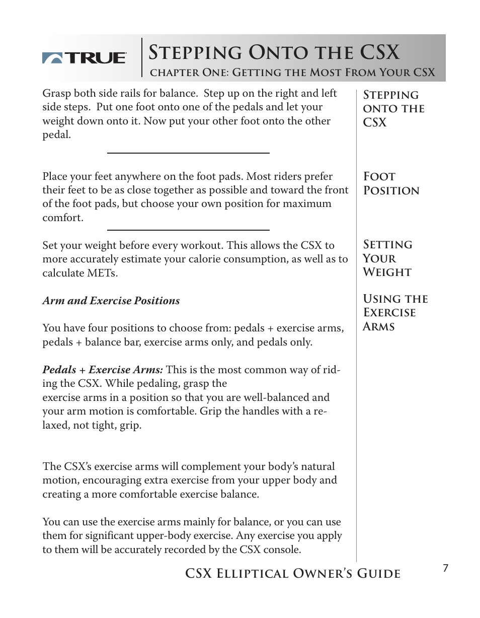 Stepping onto the csx | True Fitness CSX User Manual | Page 7 / 53