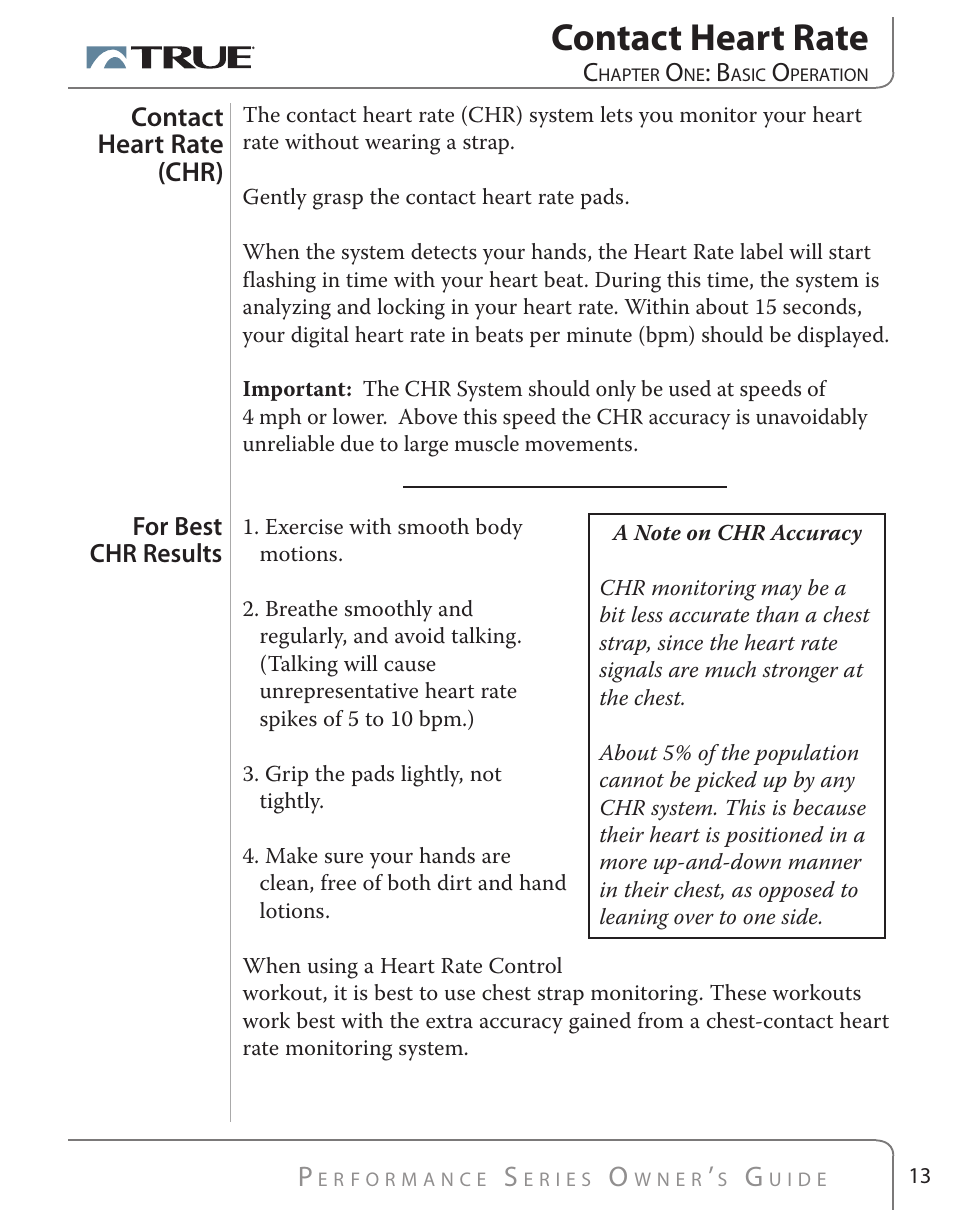 Contact heart rate, Contact heart rate (chr) | True Fitness PS500 User Manual | Page 13 / 45