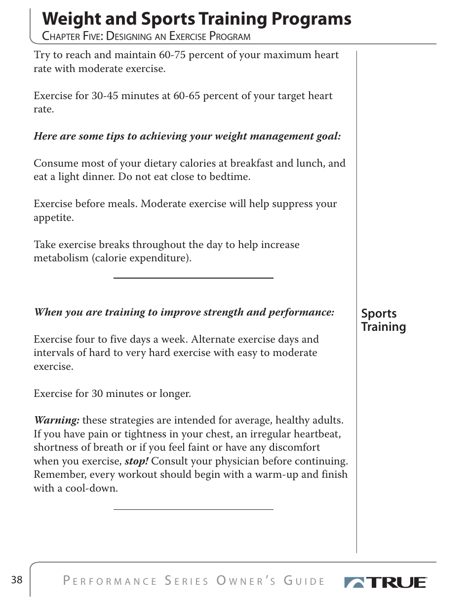 Weight and sports training programs | True Fitness PS500 User Manual | Page 35 / 45