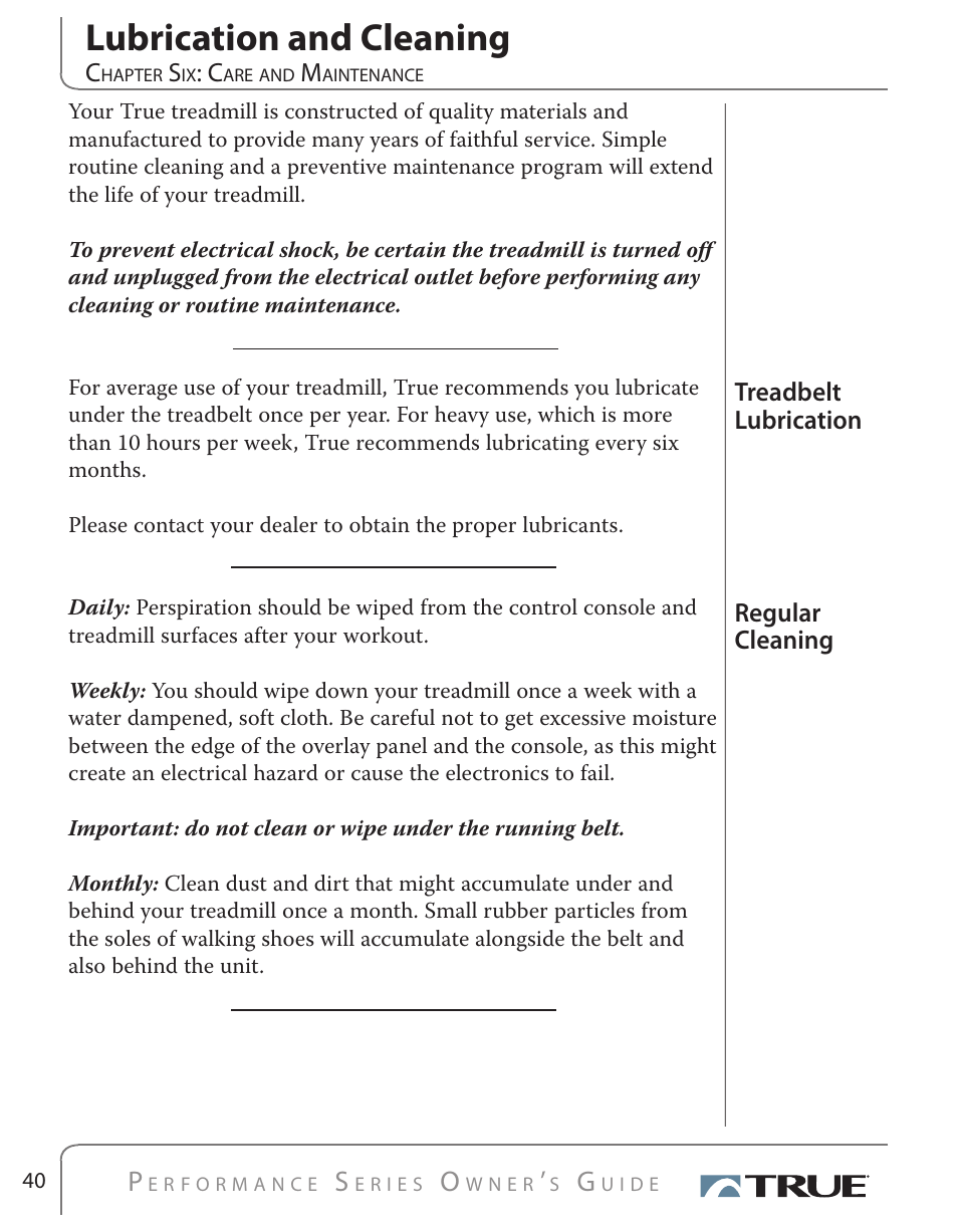 Lubrication and cleaning | True Fitness PS500 User Manual | Page 37 / 45