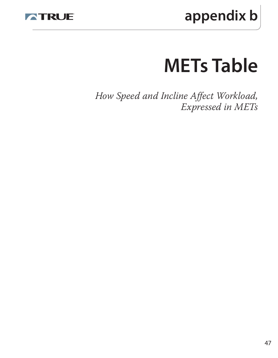 Mets table, Appendix b | True Fitness PS500 User Manual | Page 42 / 45