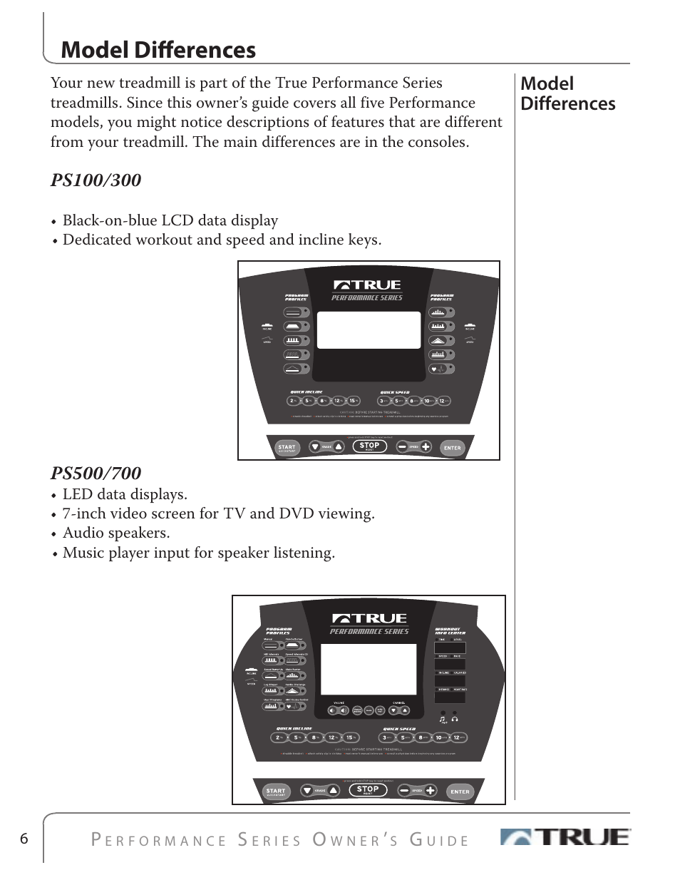 Model diﬀerences, Model differences | True Fitness PS500 User Manual | Page 7 / 45