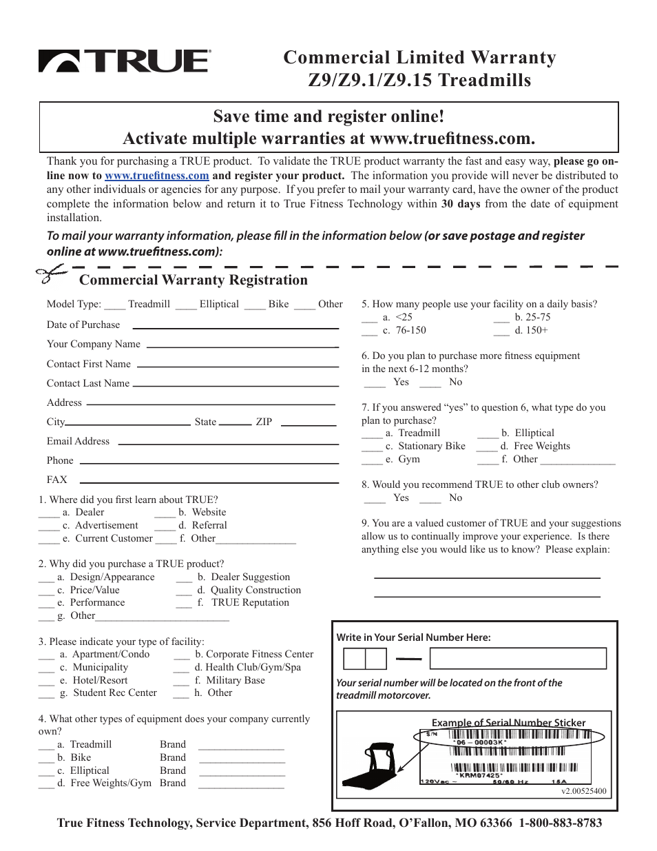 Commercial warranty registration | True Fitness Z9.1 User Manual | Page 2 / 2