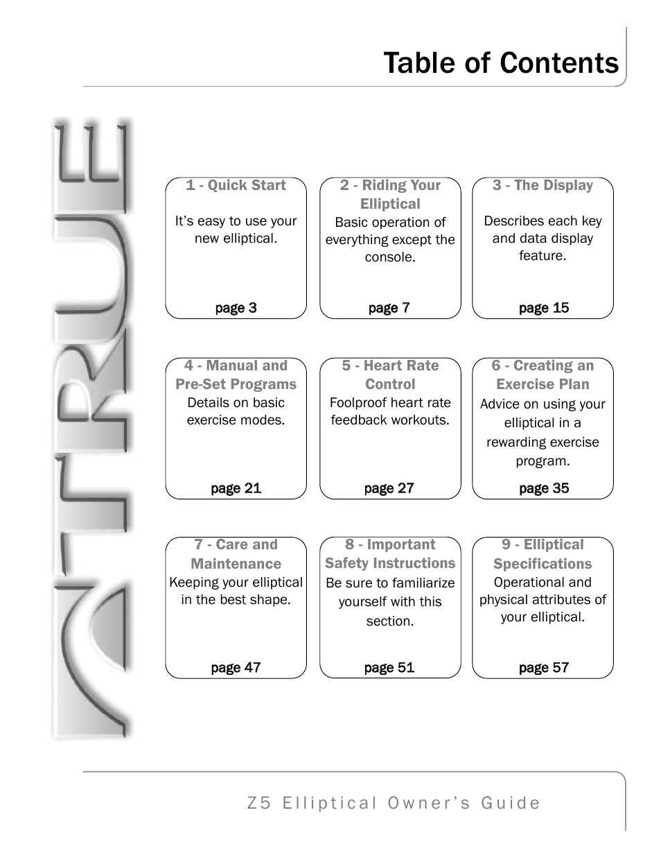 True Fitness Z5 Elliptical User Manual | 59 pages