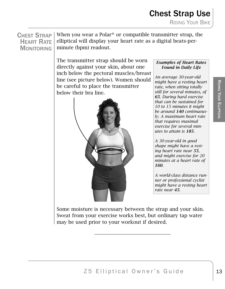 Chest strap use | True Fitness Z5 Elliptical User Manual | Page 13 / 59