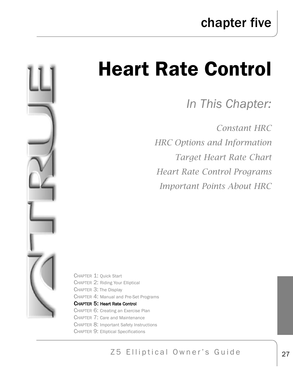 Heart rate control, Chapter five | True Fitness Z5 Elliptical User Manual | Page 27 / 59