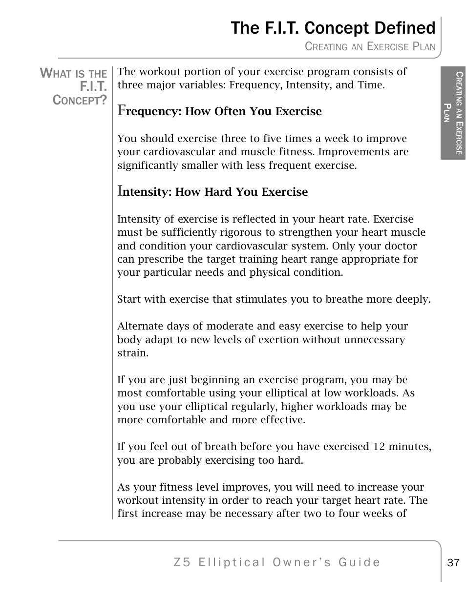 The f.i.t. concept defined, F.i.t. c | True Fitness Z5 Elliptical User Manual | Page 37 / 59