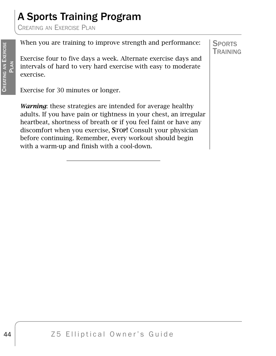 A sports training program | True Fitness Z5 Elliptical User Manual | Page 44 / 59