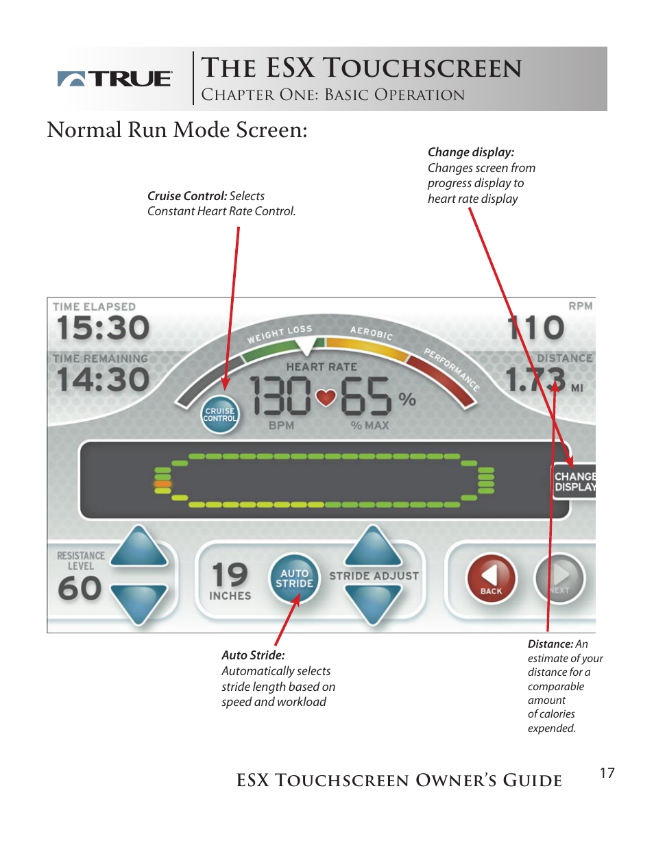 The esx touchscreen, Normal run mode screen, Esx touchscreen owner’s guide | True Fitness Touchscreen Elliptical User Manual | Page 17 / 44