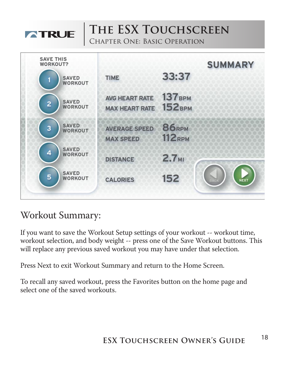 The esx touchscreen, Workout summary | True Fitness Touchscreen Elliptical User Manual | Page 18 / 44