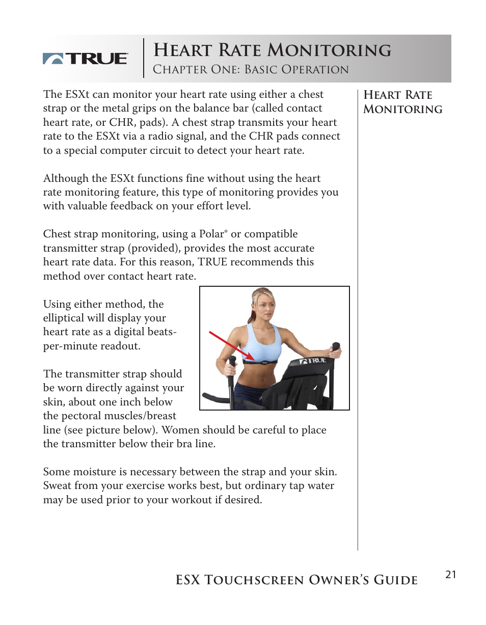 Heart rate monitoring | True Fitness Touchscreen Elliptical User Manual | Page 21 / 44