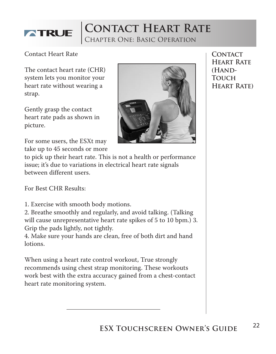 Contact heart rate | True Fitness Touchscreen Elliptical User Manual | Page 22 / 44