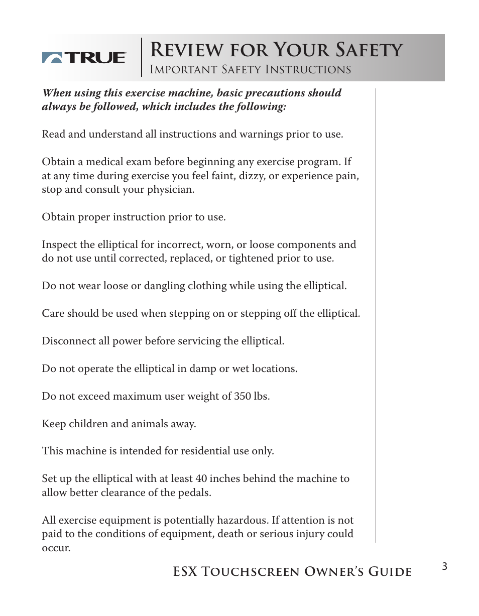 Review for your safety | True Fitness Touchscreen Elliptical User Manual | Page 3 / 44
