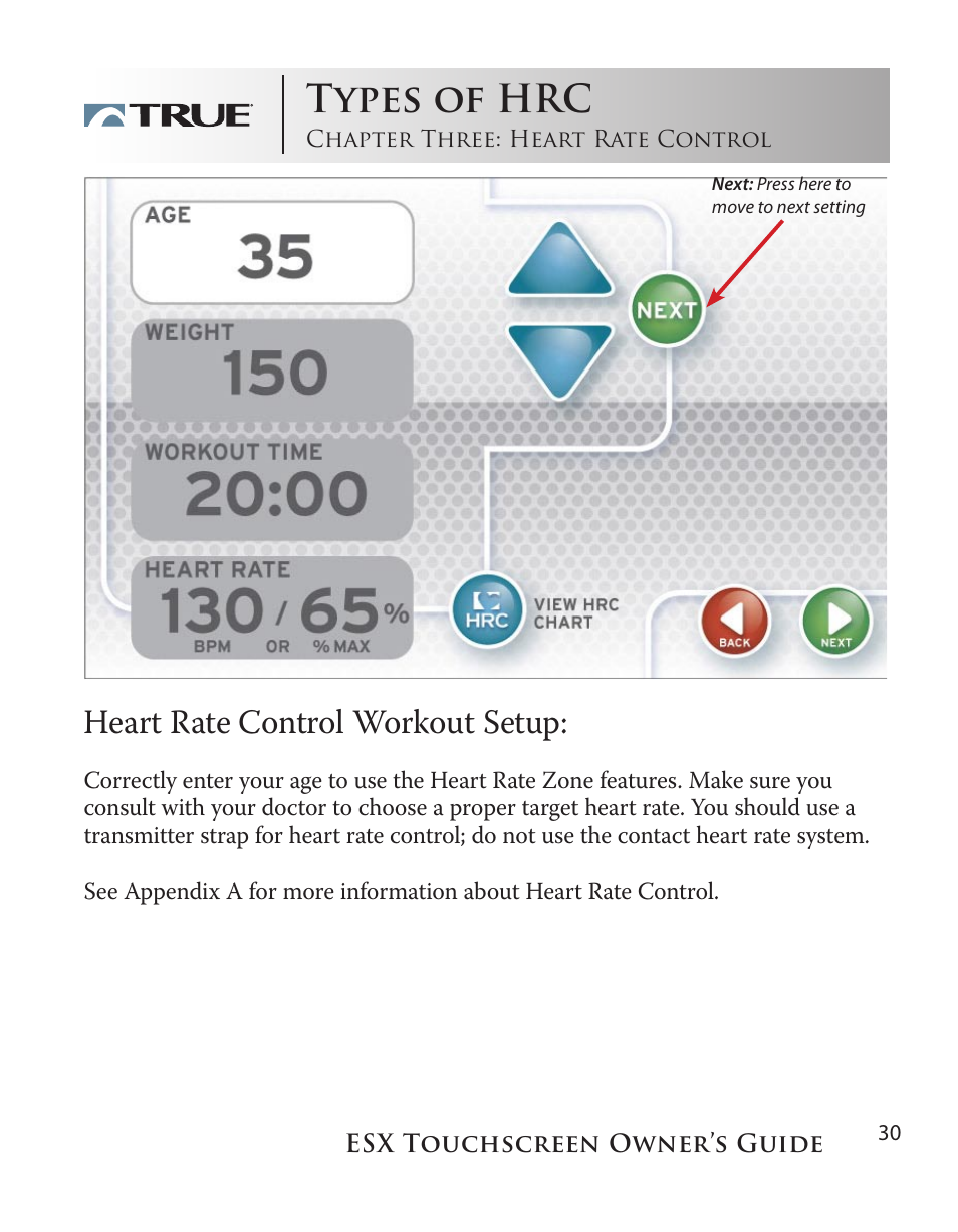 Types of hrc, Heart rate control workout setup | True Fitness Touchscreen Elliptical User Manual | Page 30 / 44