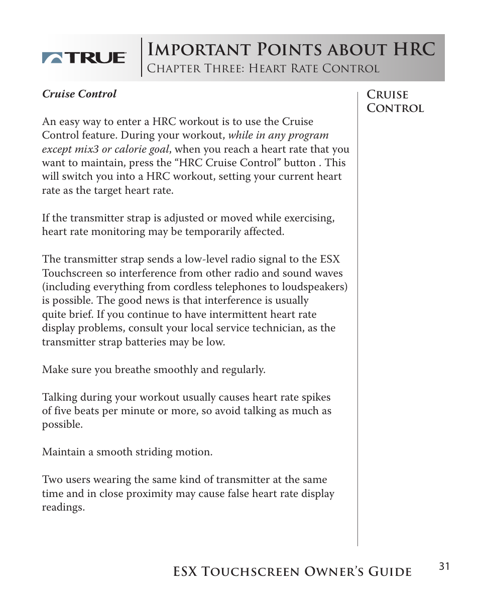 Important points about hrc | True Fitness Touchscreen Elliptical User Manual | Page 31 / 44