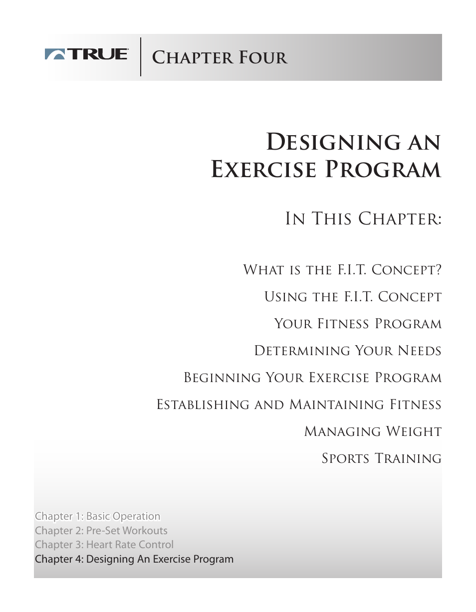 Designing an exercise program, Chapter four | True Fitness Touchscreen Elliptical User Manual | Page 32 / 44