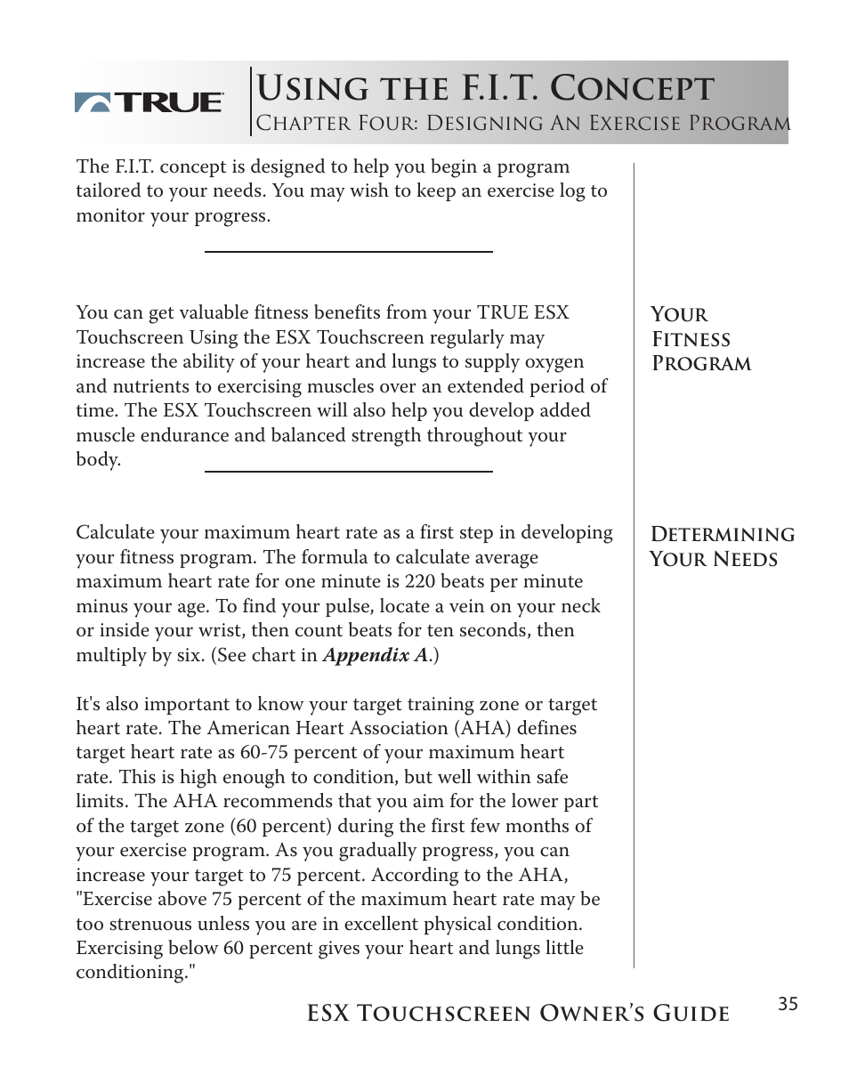 Using the f.i.t. concept | True Fitness Touchscreen Elliptical User Manual | Page 35 / 44