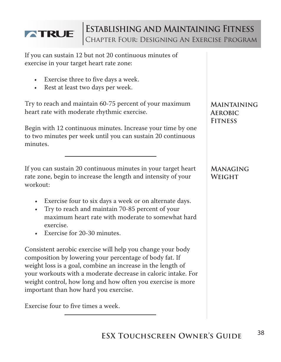 Establishing and maintaining fitness | True Fitness Touchscreen Elliptical User Manual | Page 38 / 44