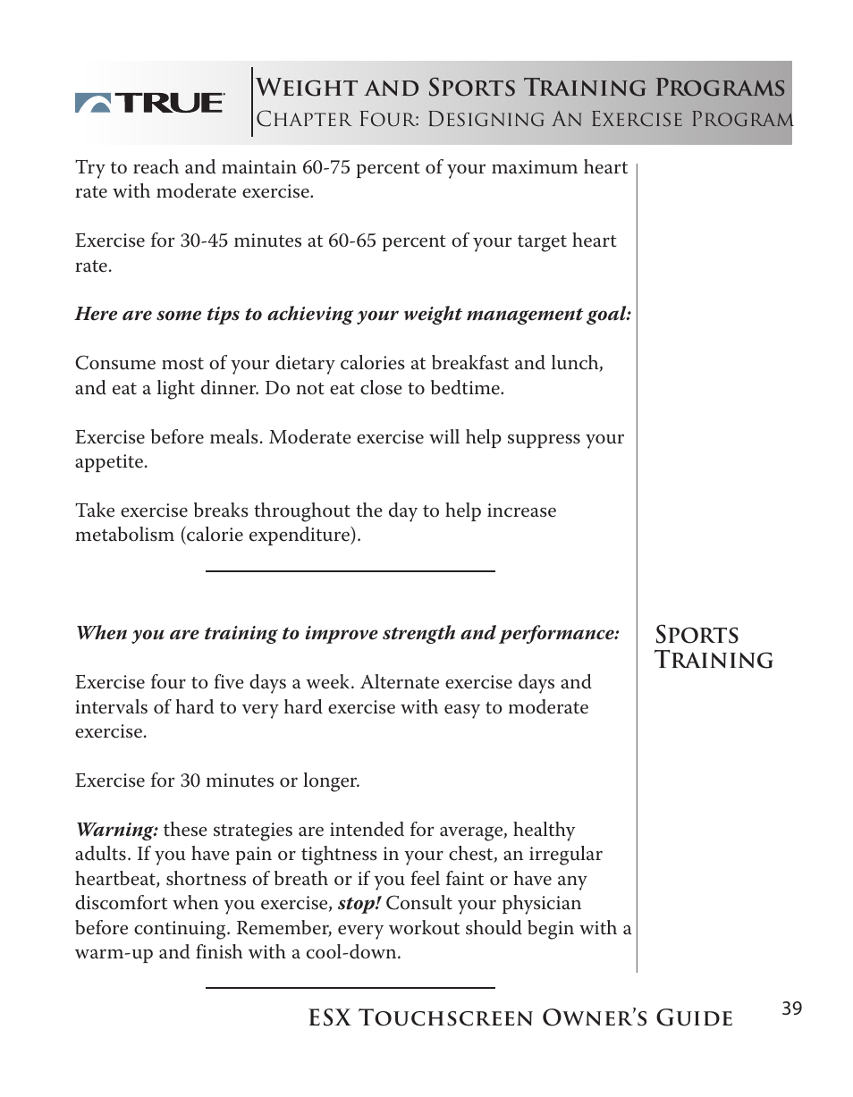 Weight and sports training programs, Sports training | True Fitness Touchscreen Elliptical User Manual | Page 39 / 44