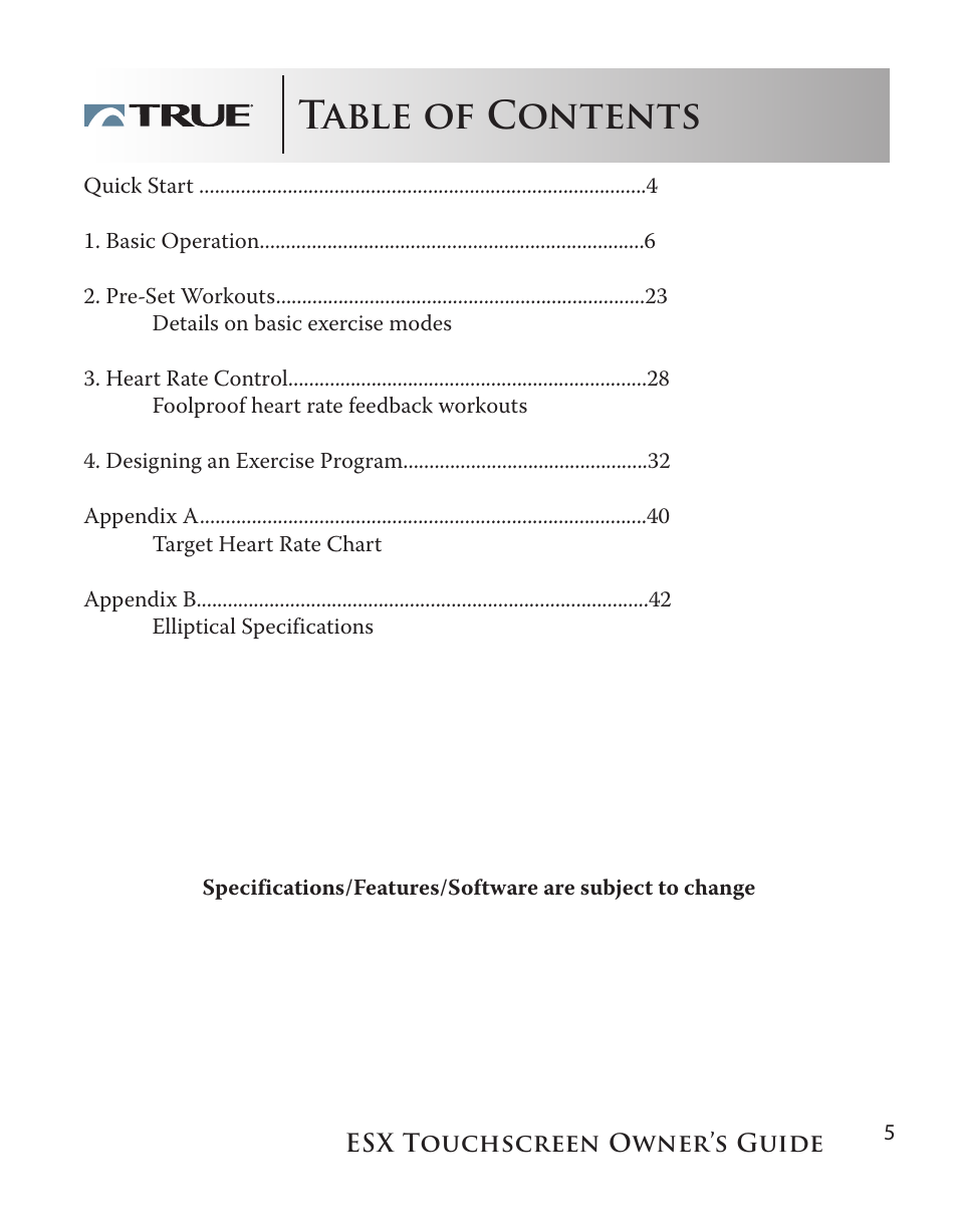 True Fitness Touchscreen Elliptical User Manual | Page 5 / 44