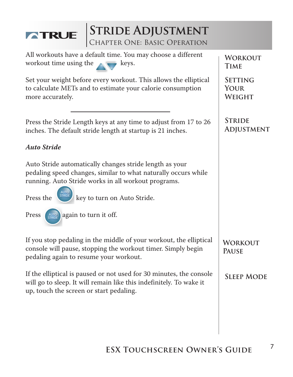 Stride adjustment | True Fitness Touchscreen Elliptical User Manual | Page 7 / 44
