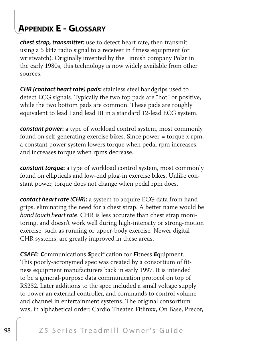 E - g | True Fitness Z5 Series User Manual | Page 100 / 110