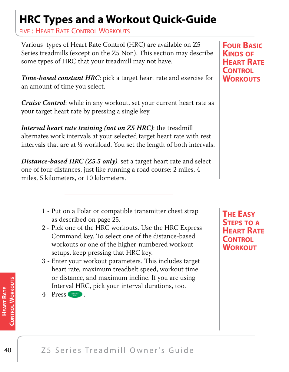 Hrc types and a workout quick-guide | True Fitness Z5 Series User Manual | Page 42 / 110