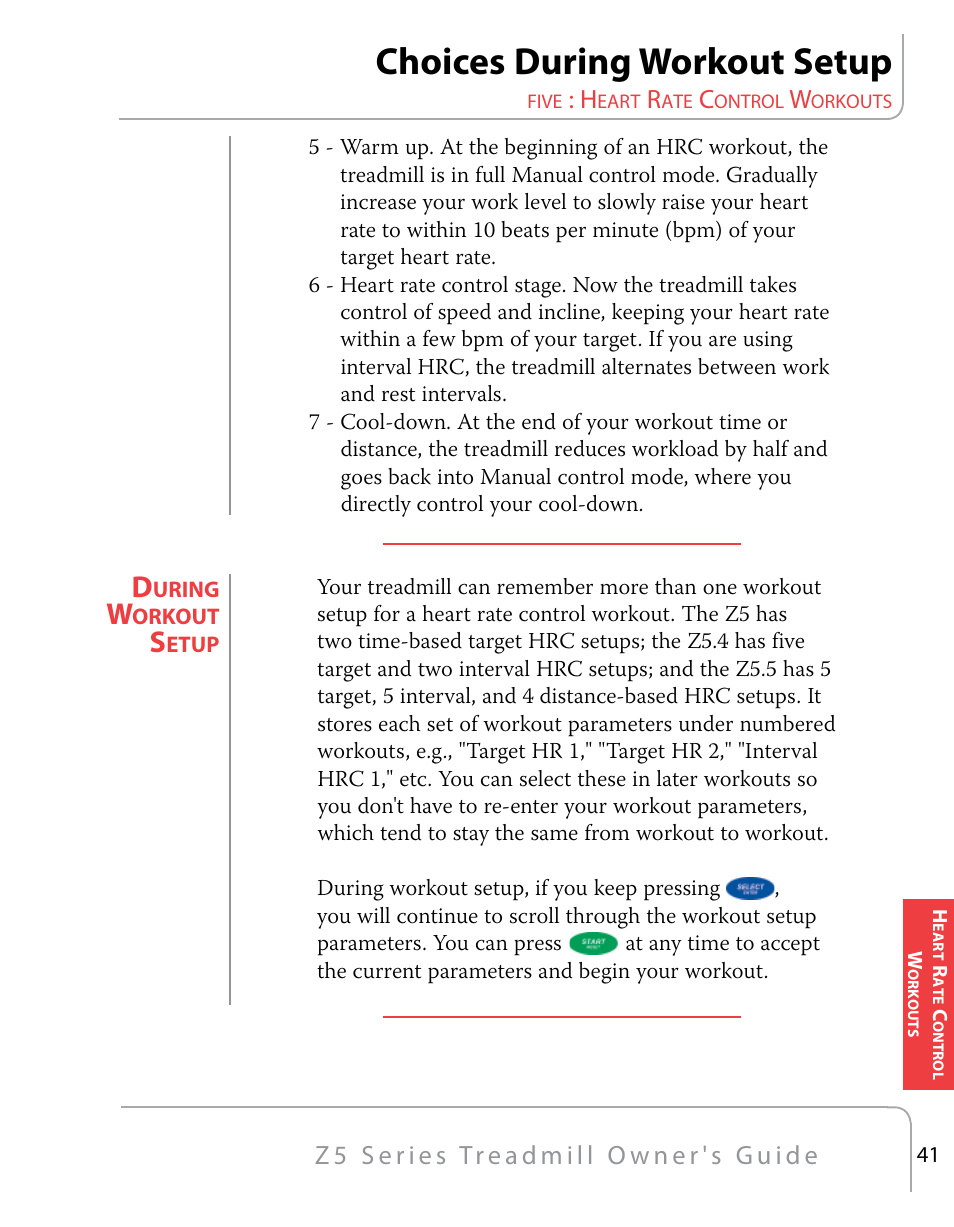 Choices during workout setup | True Fitness Z5 Series User Manual | Page 43 / 110