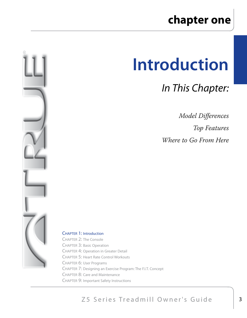 Introduction, Chapter one, Ntr oduc tion | True Fitness Z5 Series User Manual | Page 5 / 110