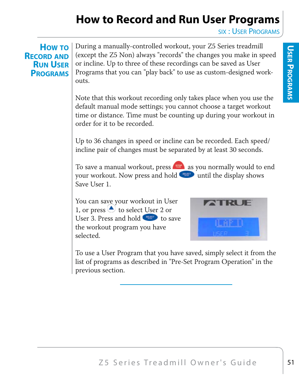 How to record and run user programs | True Fitness Z5 Series User Manual | Page 53 / 110