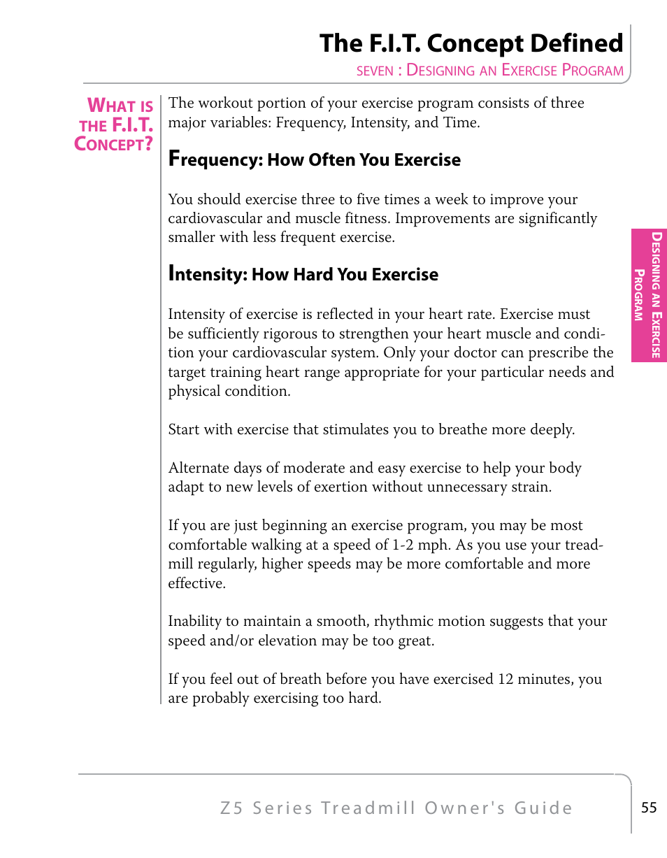 The f.i.t. concept defined, F.i.t. c, Requency: how often you exercise | Ntensity: how hard you exercise | True Fitness Z5 Series User Manual | Page 57 / 110