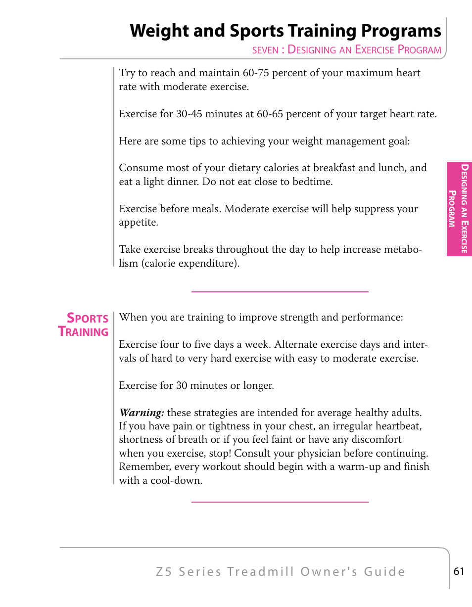 Weight and sports training programs | True Fitness Z5 Series User Manual | Page 63 / 110