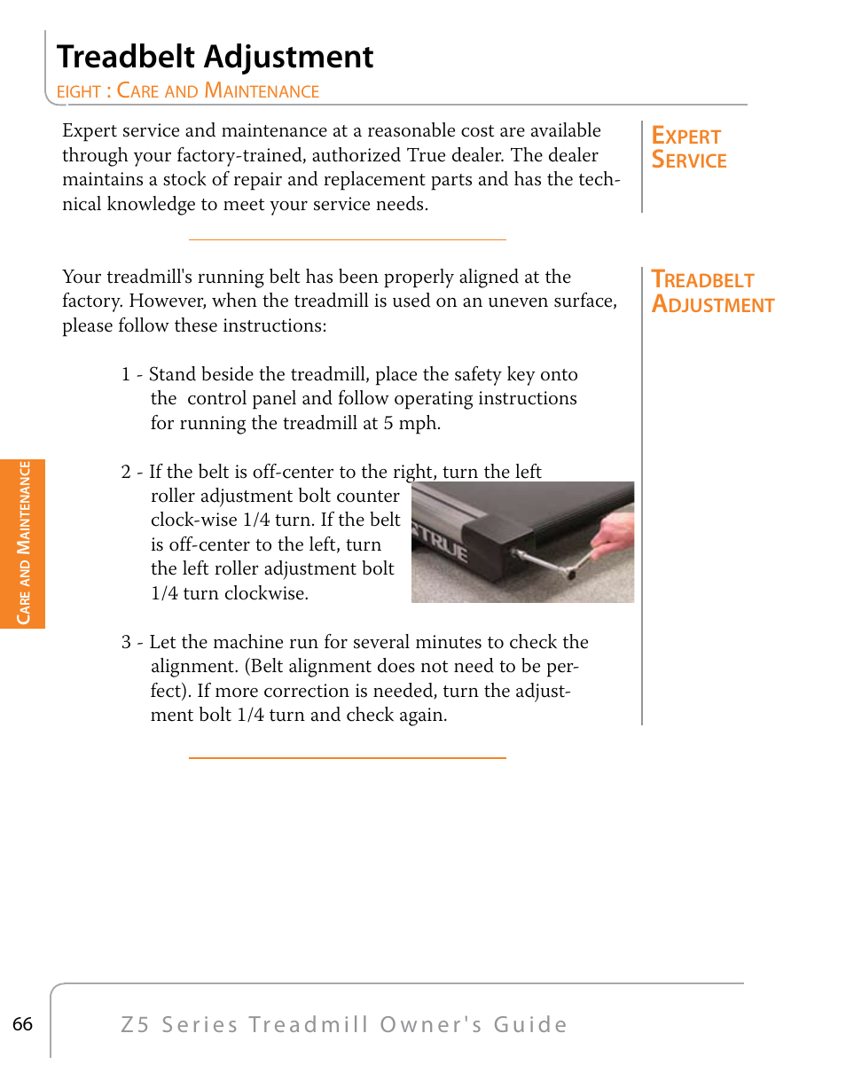 Treadbelt adjustment | True Fitness Z5 Series User Manual | Page 68 / 110