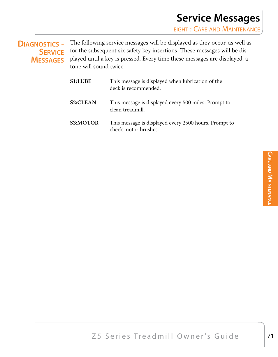 Service messages | True Fitness Z5 Series User Manual | Page 73 / 110