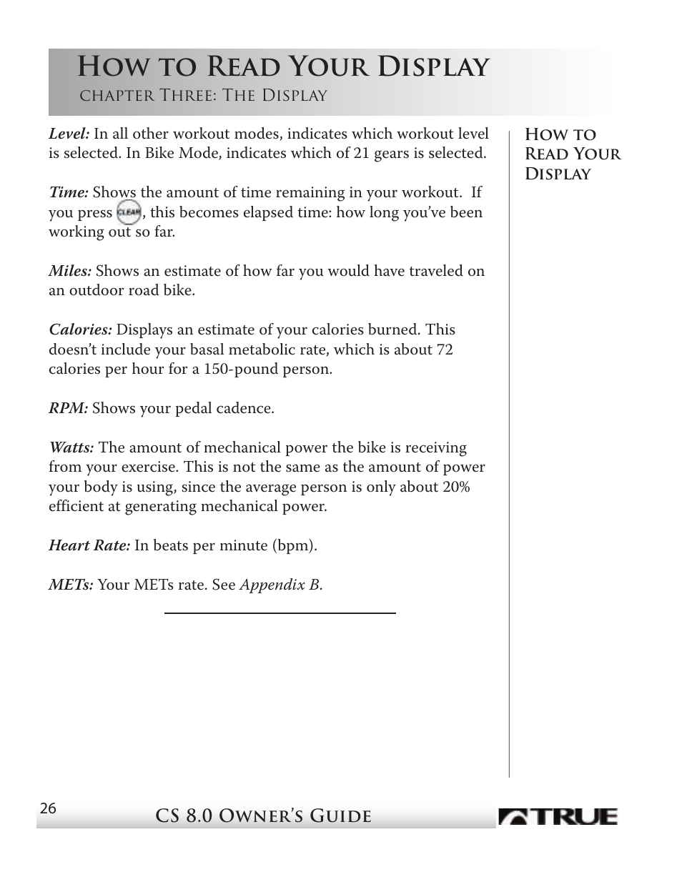 How to read your display | True Fitness CS8 User Manual | Page 23 / 97