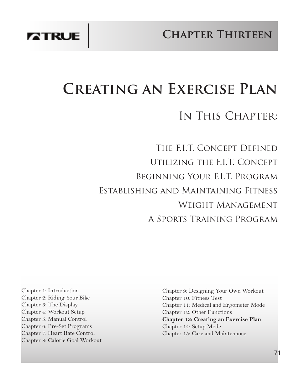 Creating an exercise plan, Chapter thirteen | True Fitness CS8 User Manual | Page 63 / 97