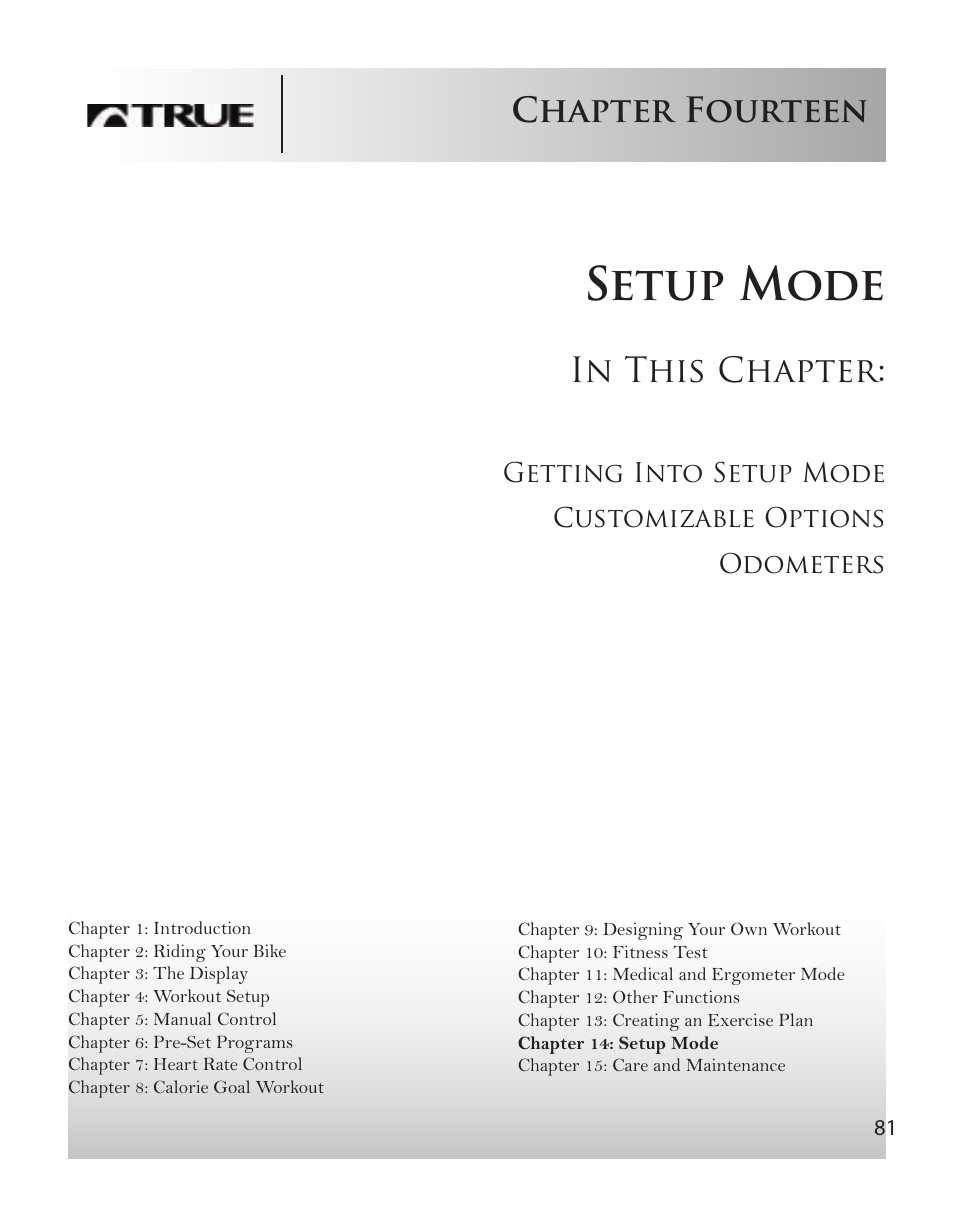 Setup mode, Chapter fourteen | True Fitness CS8 User Manual | Page 72 / 97