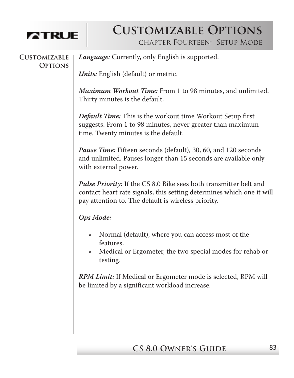 Customizable options | True Fitness CS8 User Manual | Page 74 / 97